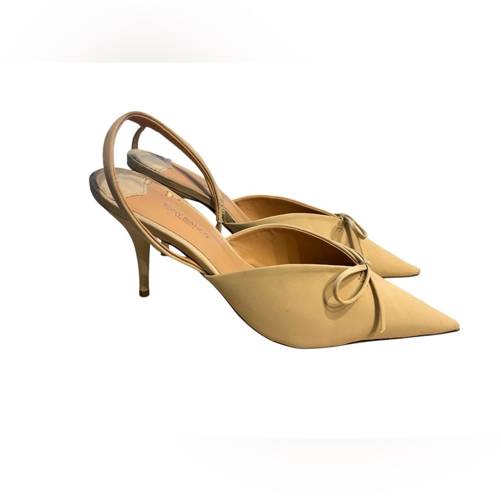 Tony Bianco Beige Pointed Toe Slingback Heels with Bow - Picture 4 of 11